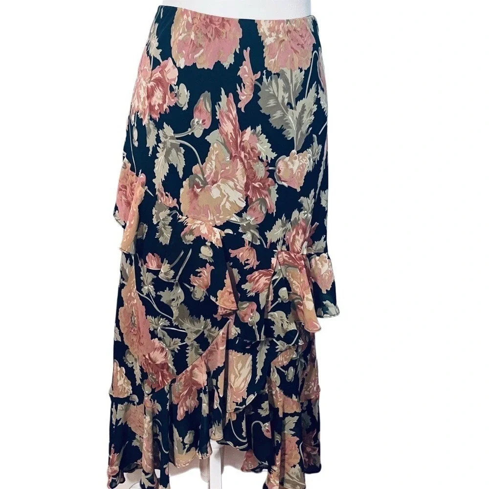 Chaps Pink and Cream Floral Navy Blue Maxi Pencil Skirt Size M Elastic Waist New